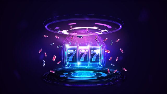 Ilustrasi mesin slot neon bergaya futuristik sebagai simbol hiburan daring