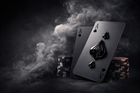 Kartu as sekop hitam dengan asap dan tumpukan chip poker