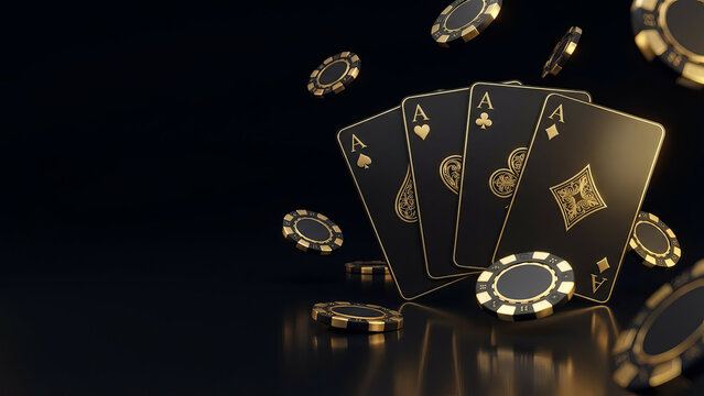 Empat kartu as berwarna emas dengan chip poker di latar gelap